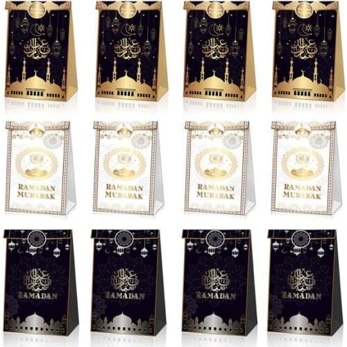 12pcs Eid Mubarak Candy Box Gift Bag with Stickers Ramadan Kareem Decor Islamic Muslim Festival Happy Al-Fitr Eid Party Supplies