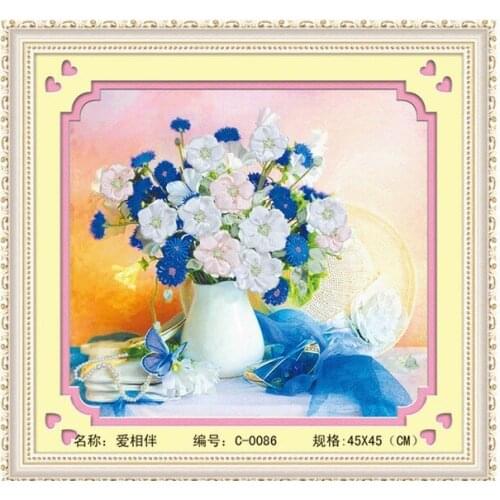 3D flower vase Ribbon embroidery kit with needle canvas paint handcraft stain DIY handmade needlework wall art decor gift idea