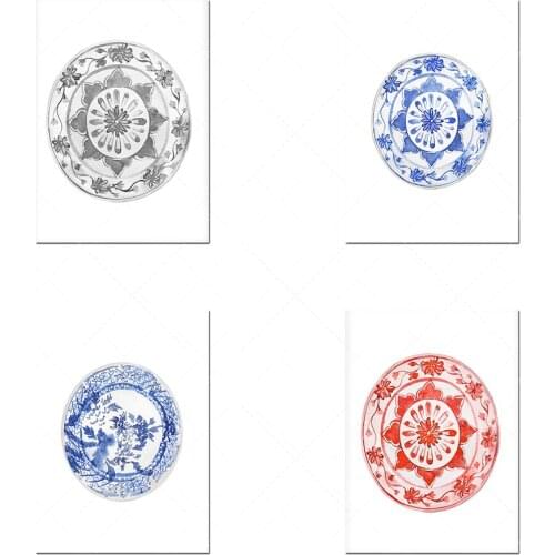 Watercolor Chinese style plate, black and white porcelain, watercolor printing, Chinese style, painted Chinese art, blue and whi