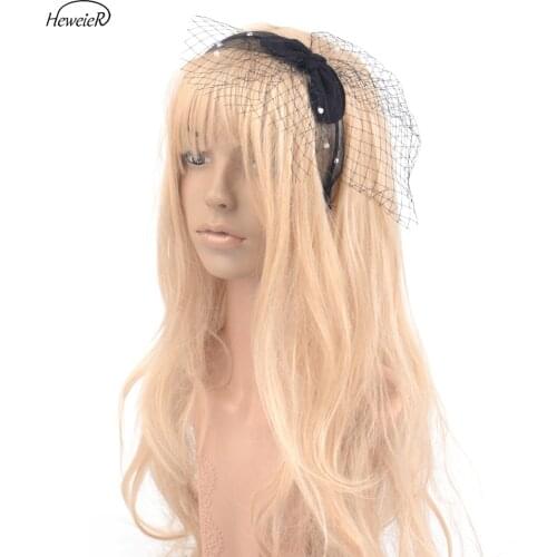 Black Netting Bowknot Bead Veil Headband Women Girls Hair Jewelry Accessories Hairband Clip