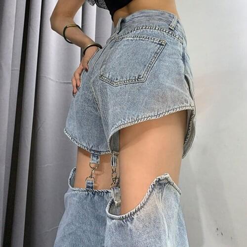 New Hip hop Denim Jeans Women chain Pants Metal Buckle Broken Cut Out Trendy Trousers Split Female High Waist Hippie Streetwear