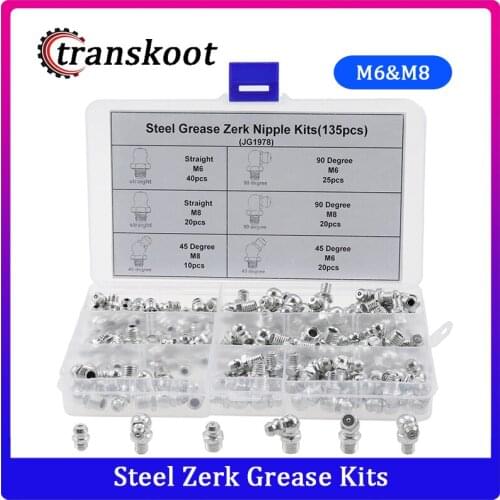 135pcs 90 Degree and 45 Degree and Straight Type M6 M8 Metric Size Hydraulic Zerk Grease Nipple Fitting