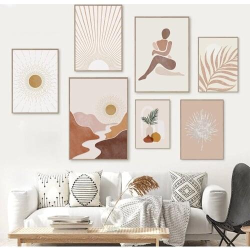 Mid Century Sun Art Canvas Painting Abstract Landscape Poster Boho Lady Leaf Wall Art Print Pictures Living Room Home Decoration
