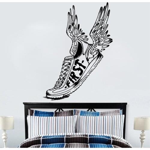 Art Wall Sticker Sports Shoe Winged First Running Fly Decoration Vinyl Art Removeable Poster MOdern Mural Jogging Decal LY162