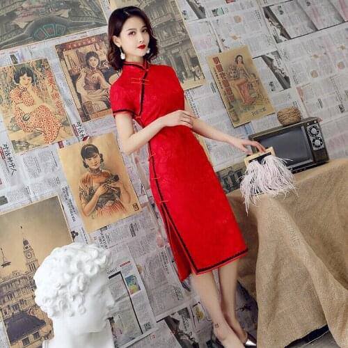 Chinese Traditional Midi Cheongsam Women Summer Lace Dress Ball Qipao M-3XL