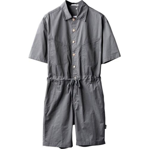 Summer Short Sleeve Jumpsuit Men Overalls Lapel Solid Color Drawstring Tie Waist Comfortable Casual Gray Green Shorts Pants