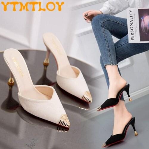 Korean Version Of High-heeled Suede Lazy Womens Shoes 21 Spring And Summer New Baotou Metal Half Slippers Pointed Toe 6cm-9cm