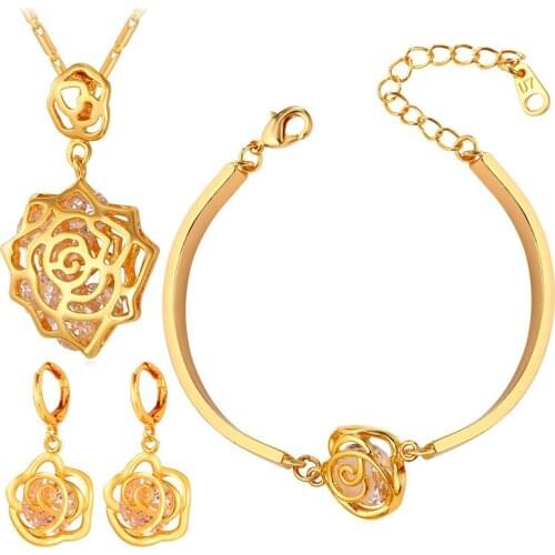 Kpop Three-Piece Set Rose Cubic Zirconia Earrings Pendant Bangle Gold/Silver Color Elegant Sets For Women Jewelry Gift S520