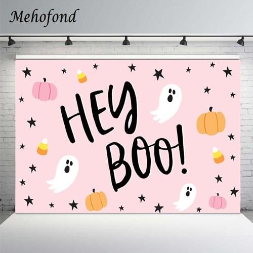 Mehofond Pink Newborn Baby Shower Backdrop Hey BOO Little Ghost Halloween Girl Birthday Party Photography Background Photo Props