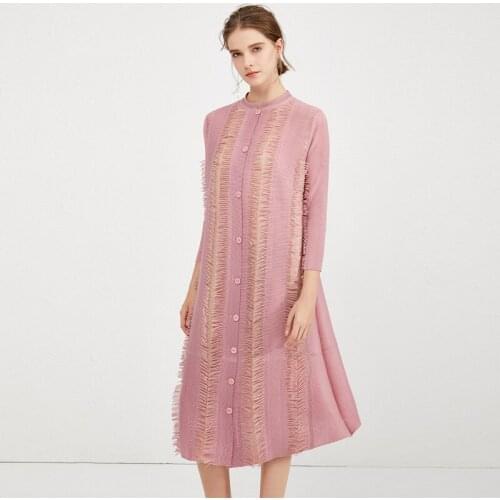 Miyake Fold 2020 Spring New Simple Stand Collar Dress Slim Single-breasted Tassel Dresses