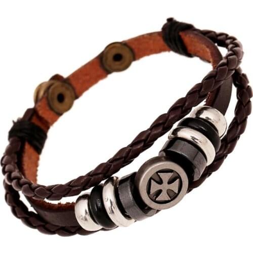 Fashion Vintage Cross Men Bracelet Cuff Handmade Braid Leather Brown Beads Charm Wristband Bangle Hippie Punk Women Jewelry Gift