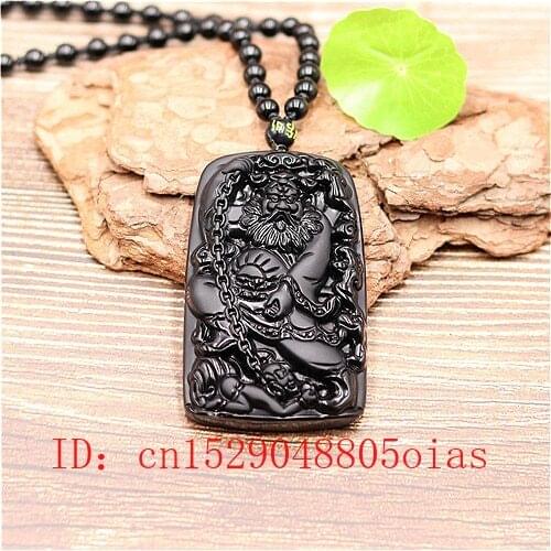 Natural Black Obsidian Demon Warrior Pendant Beads Necklace Fashion Charm Jewellery Carved Buddhism Amulet Gifts for Women Men