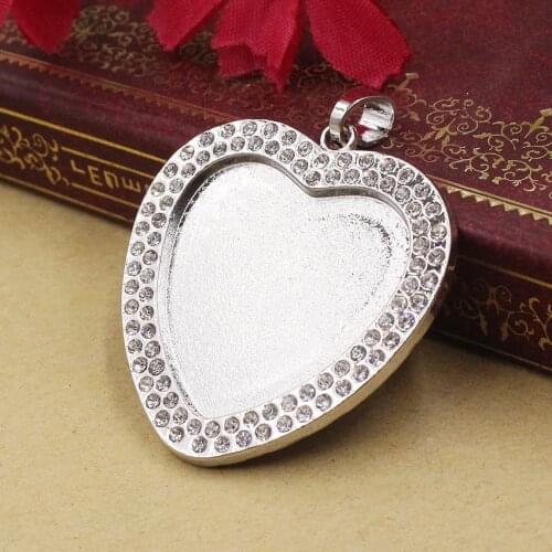 Fit 25mm Heart Pendant blank with rhinestones Metal filled Frame bezel Settings 5pcs/lot K05462