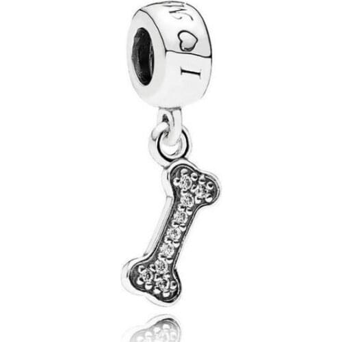Genuine 925 Sterling Silver Bead Charm Love My Dog & Bone Pave Crystal Pendant Fit Pan Bracelet & Necklace Diy Jewelry