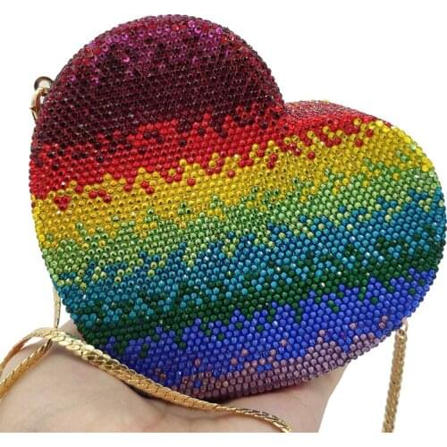 Fully Crystal Beaded Antique Style Rainbow Color Heart Shape Evening Clutch Metal Rhinestone Mini Purse Bags