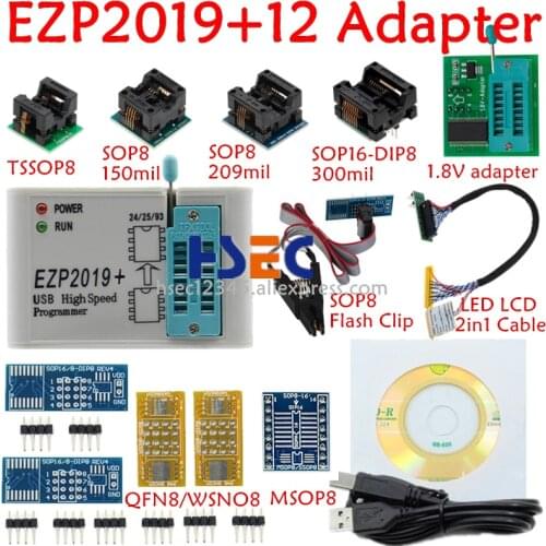 Full Set EZP2019 High Speed USB SPI Programmer+ 12 adapter SOP8 test clip sop8/16 1.8V adapter socket flash bois 24 25 EEPROM