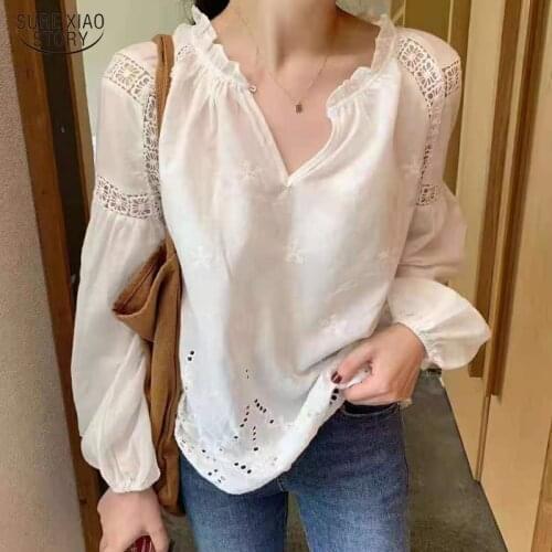 Casual Long Sleeve Loose Blouse V Neck Summer Hollow Out White Women Shirts Plus Size Fashion Sweet Ladies Tops Blusas 14818