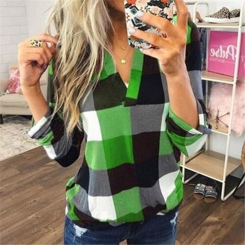 Shirt Plaid New WISH Hot Spring and Autumn Casual Shirt Plaid Print V-Neck Long Sleeve Top Spot Wholesale