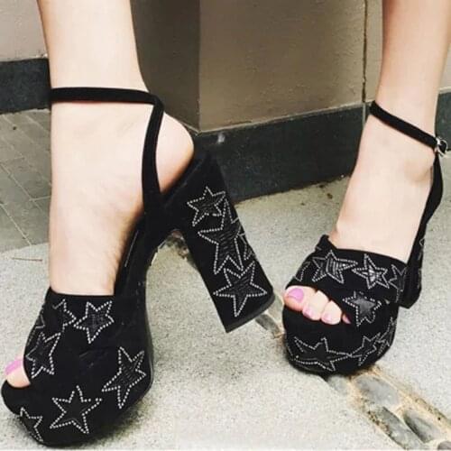 Summer Ladies Peep toe Crystal Leather Patched Stars Sandals Women High Platform Square High Heels Sandals Kid Suede Stilettos