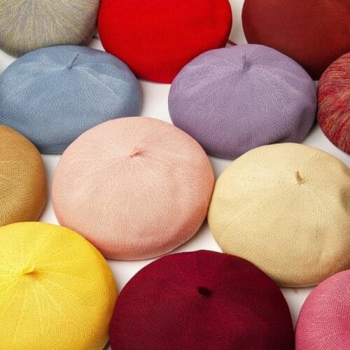 Summer casual simple breathable belt drawstring adjustable knit beret painter hat ladies pink pompom hat hot artist french hat