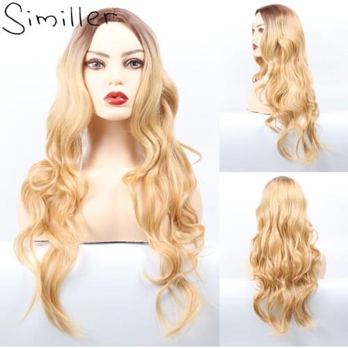 Similler Curly Synthetic Hair Women Long Ombre Wigs Central Part Dark Root T Gold for Cosplay