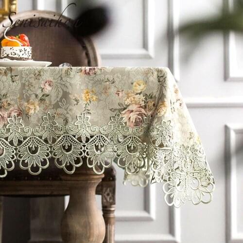 European Rural Embroidery Tablecloth Pink Peony Flower Lace Hollow Hem Dinning Table Cloth TV Cabinet Table Flag Chair Cover