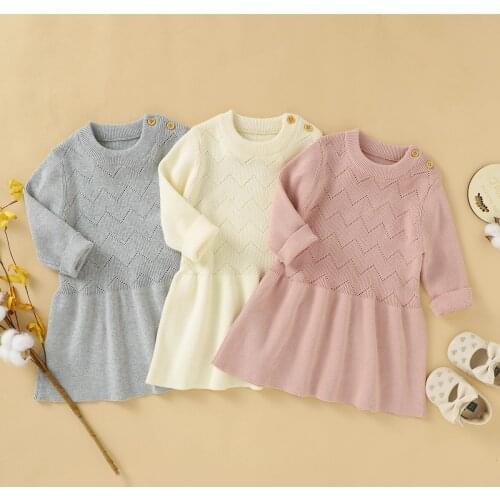 Breathable Baby Girls Knitted Dress Spring Autumn Toddlers Sweet Solid Color Long Sleeve Princess Skirt for Vacation Travel