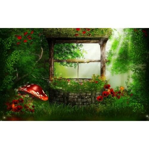Wishing Well Magical Forest Mushroom flower leaves fairy tale backdrops Computer print party background