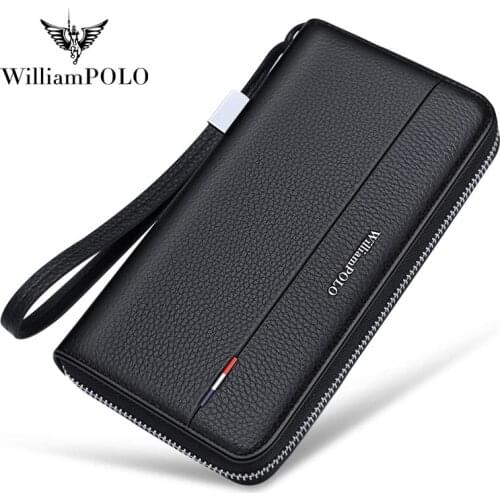 WILLIAMPOLO RFID frequency identification wallet mens long 100% leather card bag large capacity multi-function card clip walle