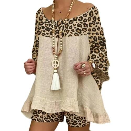 Casual Women Outfit 3/4 Sleeve Leopard Patchwork O Neck Loose T-shirt Shorts for Daily Life