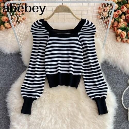 2021 New Spring Autumn Korean square collar long sleeve knitted Pullover color matching stripe high waist short Sweater Top