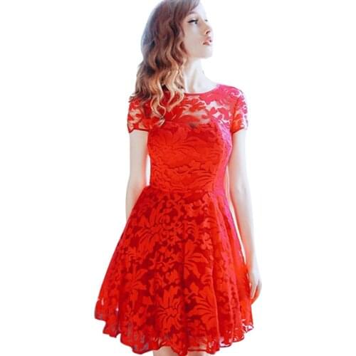Round Collar Temperament Fashion Short Sleeve Lace Dresses For Women Casual Hollow Out Above Knee Vestidos A-line Summer Dress