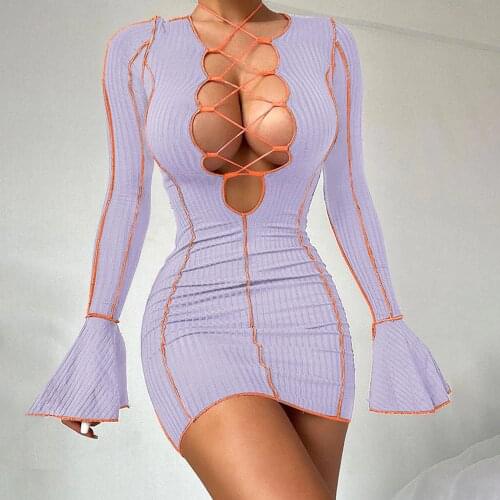 Womens Knitted Stretchy Skinny Dresses Sexy Lace Up Hollow Out Flare Long Sleeve Vestidos Bright Striped Decoretion Dresses