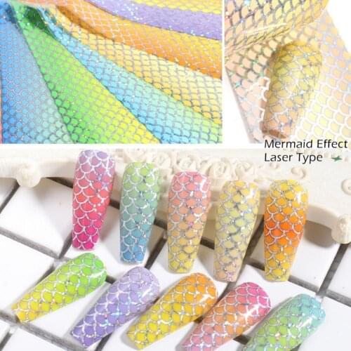 10Pcs/Set Nail Mermaid Decals Squama Style DIY Colorful Nail Foil Fish Scales Gradient Transfer for Manicure