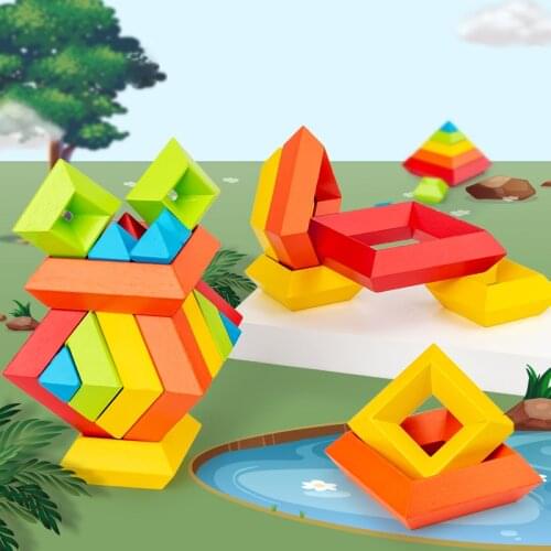 15PCS Large Particles Baby Wooden Toys Geometric 3D Building Blocks Color Pyramid Diamond DIY Building Block for Childrens Toy