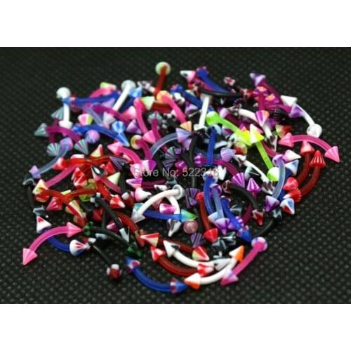 Bioplast barbell eyebrow jewelry curved ring mix with spike piercing jewelry 4mm cone 100pcs