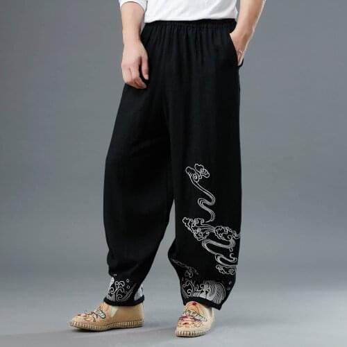 Autumn Men Casual Baggy Linen Embroidery Traditional Loose Sweatpants Bloomers capri pant Jogger Fitness Workout Pant Sportswear
