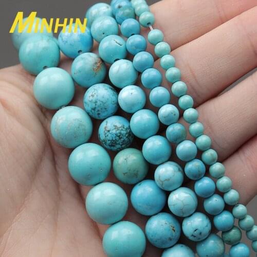 MINHIN Natural Blue Turquoises Round Loose Beads For Jewelry Making 4 6 8 10 12MM Round Beads Bracelet Charm Accessories
