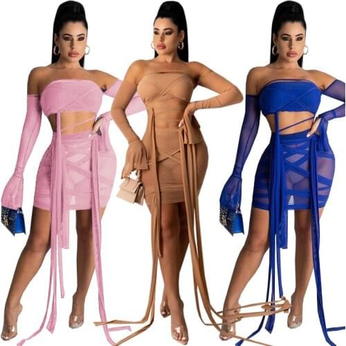 European and American sexy womens solid color wrapped chest straps trumpet sleeves mesh sexy 2-piece skirt suit nightclub