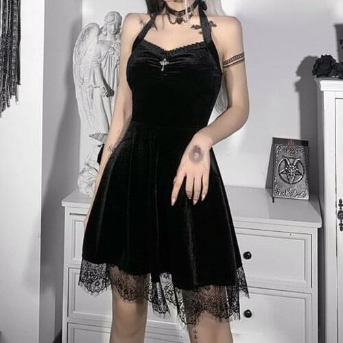 Gothic Lace Trim Party Dress Grunge Punk Backless High Waist Mini Dresses Women Vintage Sexy Velvet Black Halter Dress