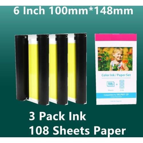 3 Pack 6 Inch Ink Cassette KP-108IN KP-36IN Ink and Paper Set for Canon Selphy CP1300 CP1200 CP910 CP900 Photo Printer
