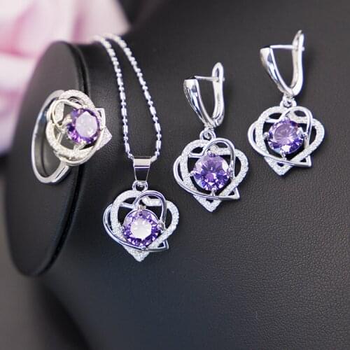 Factory Outlet Heart Many Colors Top Zircon 925 Sterling Silver Jewelry Set For Lady Earrings Ring Necklace Bridal Jewelry