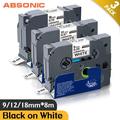 Absonic 3PK TZe-241 TZ-241 Cassette Ribbon TZe Tape Compatible Brother P-touch PT-P700 PT-D600 LabelMaker Black on White 18mm*8m