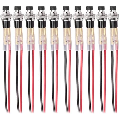 Momentary Push Button Switch, 1A 250VAC SPST Mini Pushbutton Switches with Wire Normal Closed(NC) Black & Red Cap - 10pcs