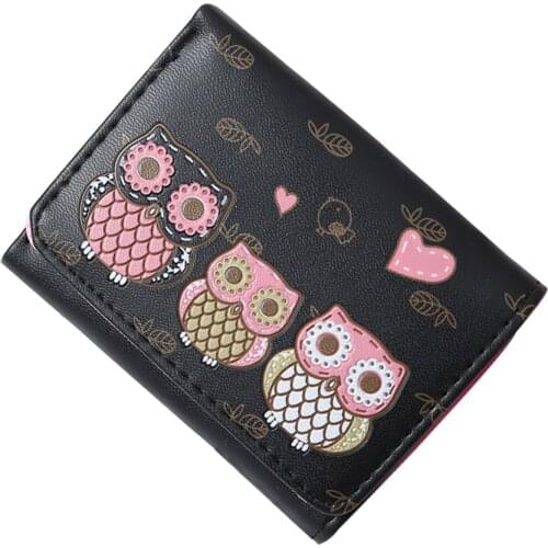 Women Girls Cartoon Owls Pattern Faux Leather Tri-fold Mini Wallet Coin Purse