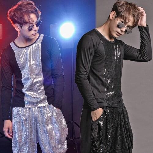 MenS Long Sleeve Sequins T-Shirt Jazz Dance Costume Male Singer Nightclub Personality Hip Hop Street Dancing Clothes DWY2714