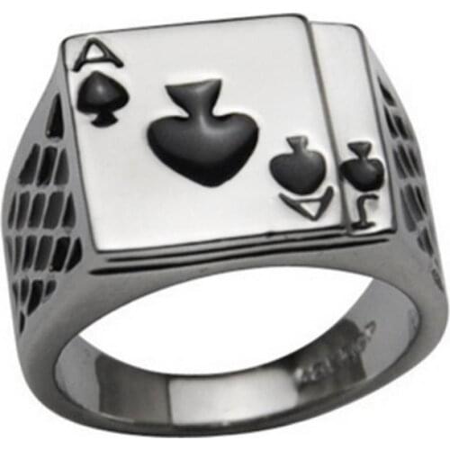 Mens 18K White Gold Plated Black Enamel Spades Poker Ring Finger Jewelry