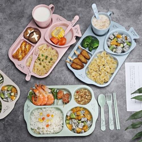 6pcs/sets Baby Dish Bowl Tableware Set Natural Bamboo Fiber Bowl With Cup Spoon Plate Fork Feeding Dishes for Kids Utensils
