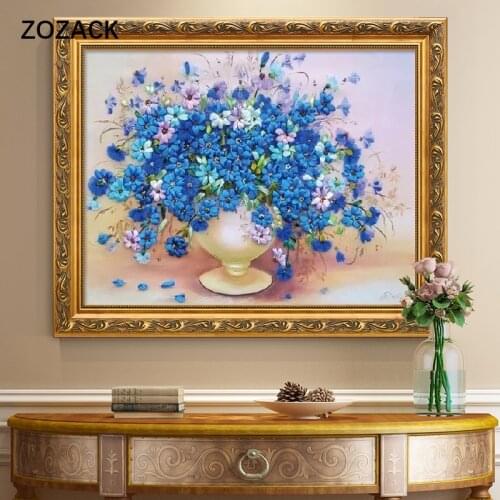 Zozack DIY needlework cross stitch kits Romantic blue flower vase painting on canvas punto de cruz cross-stitch home decoration