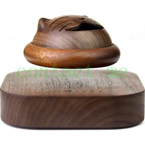 Walnut magnetic levitation lucky cat incense burner, solid wood sandalwood incense tray ornaments, aromatherapy gift/storage box